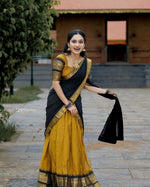 Load image into Gallery viewer, This full-stitched cotton lehenga features a large jacquard design, attached canvas and zip fabric blouse, and is available in XS to XXL sizes with a flair of 5 meters or more. The inner lining is full and the dupatta is made of georgette with lace, measuring 2.5 meters or more. The original Narayan Pattu work completes the ensemble.