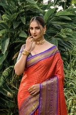 Load image into Gallery viewer, Orange-Mustard Kanchipuram Handloom Pattu Weaving Silk Saree By Shoppers Trend . Orange Saree and Blue Blouse with price gold zari weaving border pattu this saree Most Popular And Famous Fabric and smooth fabric Under 1999 .
