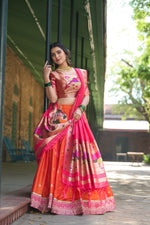 Load image into Gallery viewer, Orange Jacquard Silk Or Paithani Silk Dhavani Set , Half-Saree , Langa Voni and Davani Set With Price and Online Shopping Price Under 3000 . This Fabric Orange Lehenga and Pink Dupatta Zari Weaving Work and Zari Weaving Work and Orange Heavy Bottom Zari Weaving Work . Enhance your traditional wardrobe with this Jacquard Silk Lehenga Set. Adorned with Zari Weaving Work , it comes with a cotton-lined lehenga, blouse, and tassel-accented dupatta . Traditional Look For 2024-25 , 2025-26 .