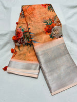 Load image into Gallery viewer, Orange Linen Cotton Sarees with Price and Online Shopping Price Under 2000 . This Fabric Orange Saree Flowers Design and Zari Weaving Work .Traditional look For Model 2024-25 .