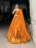 Load image into Gallery viewer, Orange Pure Chanderi Dhavani Set | Half-Saree , Langa Voni With Price and For Weddings Price Under 2000 . This Fabric Most Beautiful and Celebrate tradition with this Pure Chanderi Lehenga Set , it’s a timeless choice for celebrations . This Dhavani Set Pure Chanderi For Best Weddings Wear Collection Price Under 2000 .
