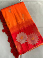 Load image into Gallery viewer, Orange Premium Crafted Silk Saree featuring elegant Zari Weaving. 6.3m length, machine washable. Includes matching blouse piece.