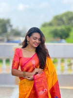 Load image into Gallery viewer, Orange Soft Paithani Silk Sarees With Price and Best Online Shopping Price Under 2500 . This Saree Fabric Smooth and Softness . This Fabric Very Expensive Design and Rich Pallu This Saree .
