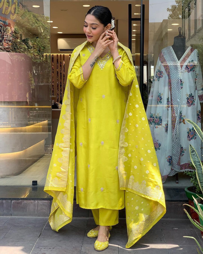 Rithanya Heavy Roman Silk Yellow Kurti  | Shoppers Trend