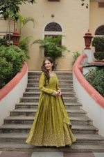 Load image into Gallery viewer, Parrot Color Chinon Kurti Set With Sharara Suit Set With Price and Online Best Shopping Price Under 2000 . Explore the latest Kurti Sharara set in Chinon fabric with cotton lining and sequins embroidery. Featuring a round neck, full sleeves, and a stunning dupatta. Perfect for special events .
