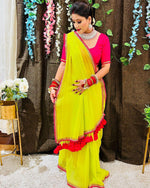 Load image into Gallery viewer, Parrot Green Georgette Sarees With Price and Online Shopping Price Under 1000 . this Fabric Crafted from high-quality Georgette, offering a smooth and flowy drape for effortless elegance . Beautifully designed latkans add a trendy and festive touch to the saree . traditional look For 2024-25 .