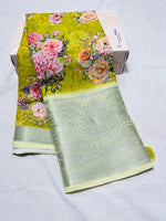 Load image into Gallery viewer, Parrot Green Linen Cotton Sarees Price and Online Shopping Price 2000 . This Fabric Most Famous and Linen Cotton Fabric SOft and Cold Fabric and THis Fabric Linen Cotton With Zari Weaving Work.