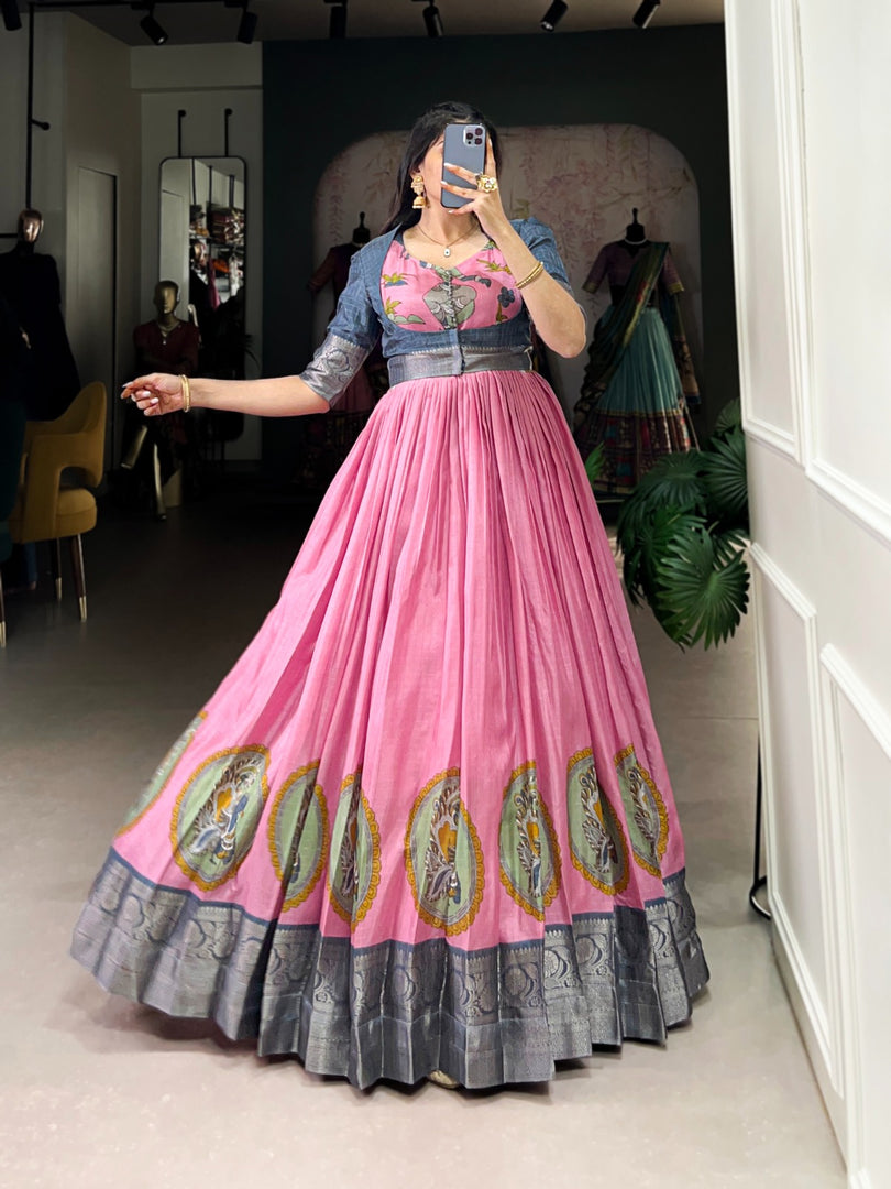 Pink Color Dola Silk With Dola Silk Koti Zari Weaving Work For Weddings Best Price and Online Shopping Price Under 1500 . Shop the elegant stitched gown and koti set featuring Dola Silk fabric, Kalamkari print, and Zari weaving. Perfect fit with luxurious comfort! .