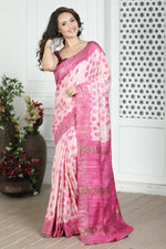 Load image into Gallery viewer, Pink Kalamkari Tussar Silk Saree with Zari Border , Elegant Hand Printed Pink Tussar Silk Saree , Festive Wear Pink Silk Saree with Blouse , Designer Pink Kalamkari Saree for Women , Traditional Pink Saree for Ethnic Look .