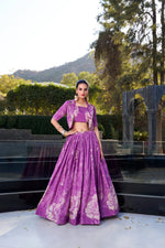 Load image into Gallery viewer, Pink Color Langa Voni With Kotti Tussar Silk Dhavani Set | Langa Voni | Davani Set With Price and Online Shopping Price Under 2000 . this Fabric Pink Tussar Silk Dhavani Set Best For Weddings Best Choise Price ,  Enhance your ethnic look with this stunning Tussar Silk lehenga set. Includes a stitched lehenga, blouse, and koti with floral prints and elegant lace touch-ups . Traditional Look For 2024-25 , 2025-26 .