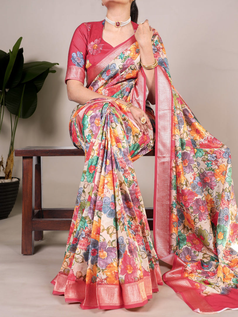 Buy Tussar Silk Saree Online , Floral Printed Tussar Silk Saree for Women , Pink Color Tussar Silk With Viscose Border Sarees Price and Online Shopping Price Under 1500