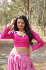 Load image into Gallery viewer, Pink Viscose Jequard Dhavani Set features a fully stitched lehenga made from pure dyeable viscose jequard with a Kalamkari jari border - Shop now at Shoppers Trend!!!