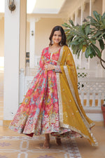 Load image into Gallery viewer, Pink Color Russian Silk Outfit Russian Silk Designer Outfit – Embroidered Top & Dupatta With Price and Online Shopping Price Under 2000 . Stylish digital printed Russian silk top with embroidery, zari sequins work, and cut-work dupatta. Full sleeves, 53-inch length, cotton lining. Perfect for festive wear .