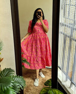 Load image into Gallery viewer, Pink Muslin Printed Work Dress With Price and Best Online Shopping Price Under 1000 . This Fabric Muslin Pink Color Dress For Wedding Price . Elevate your style with this Muslin Printed Dress in Black and Pink. Featuring breathable, lightweight fabric, a 46-inch length, and a 3.5-meter flare, it’s perfect for effortless elegance .