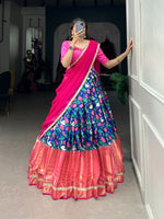 Load image into Gallery viewer, Pink Mysore Silk Dhavani Set , Langa Voni and Davani Set With Price and Online Shopping Price Under 1500 . this Fabric Mysore Silk Dhavani Set Pichwai Print With Zari Weaving Border And Lace Touch Up and THis Fabric Lehnga Stiched Stitch With Canvas Joint .