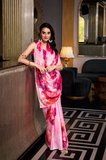Load image into Gallery viewer, Pink Satin Silk Saree , Pink Printed Saree Online , Designer Pink Saree for Women , Pink Saree with Hotfix Blouse , Traditional Pink Saree , Party Wear Pink Saree , Pink Color Wedding Saree , Light Pink Satin Saree , Baby Pink Saree Online , Soft Pink Saree for Functions .