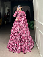 Load image into Gallery viewer, Pink and Dark Pink Tabby Silk Dhavani Set , Langa Voni , Weddings Special Best Wear Collection Price and Online shopping Price Under 2500. This Fabric So Heavy and Lehenga Tabby Silk Fair 5.5 Meter and Work Printed With Hotfix , Dupatta Printed With Hotfix and 2.5 Meter Fair , This Fabric Traditional Look For 2024-25 , 2025-26 .