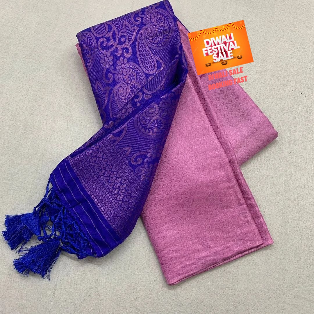 Pink and Blue Pallu soft silk sarees with price for wedding saree . this fabric While traditional Kanchipuram silk sarees are known for their rich and heavy silk, the demand for lightweight, comfortable alternatives led to the creation of soft silk sarees.