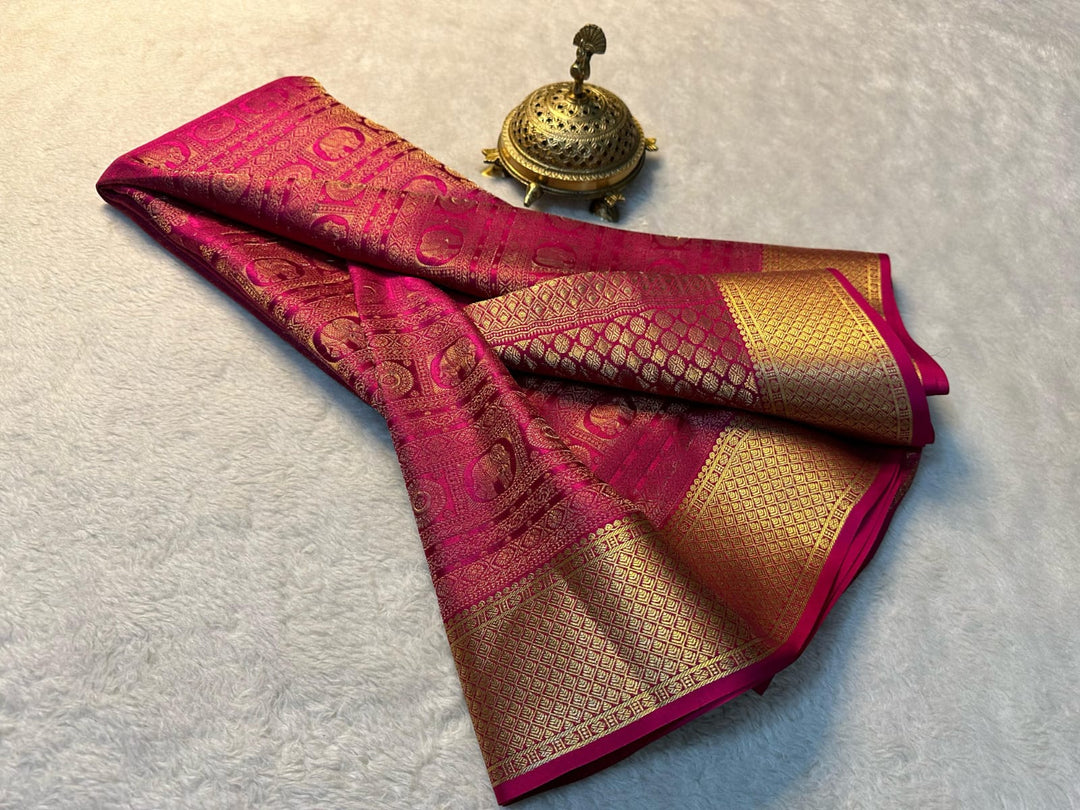 Pure dark pink mysore silk sarees with price and online shopping price under 1500 . this saree mysore silk saree for weddings and  Gold fully zari weaving working all over saree most popular saree 2024-25 .