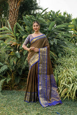 Load image into Gallery viewer, Pure Golden Zari Weaving Kanchipuram Handloom Pattu Weaving Silk Saree With Price and Golden saree and blue with golden saree this saree Most Famous , Popular