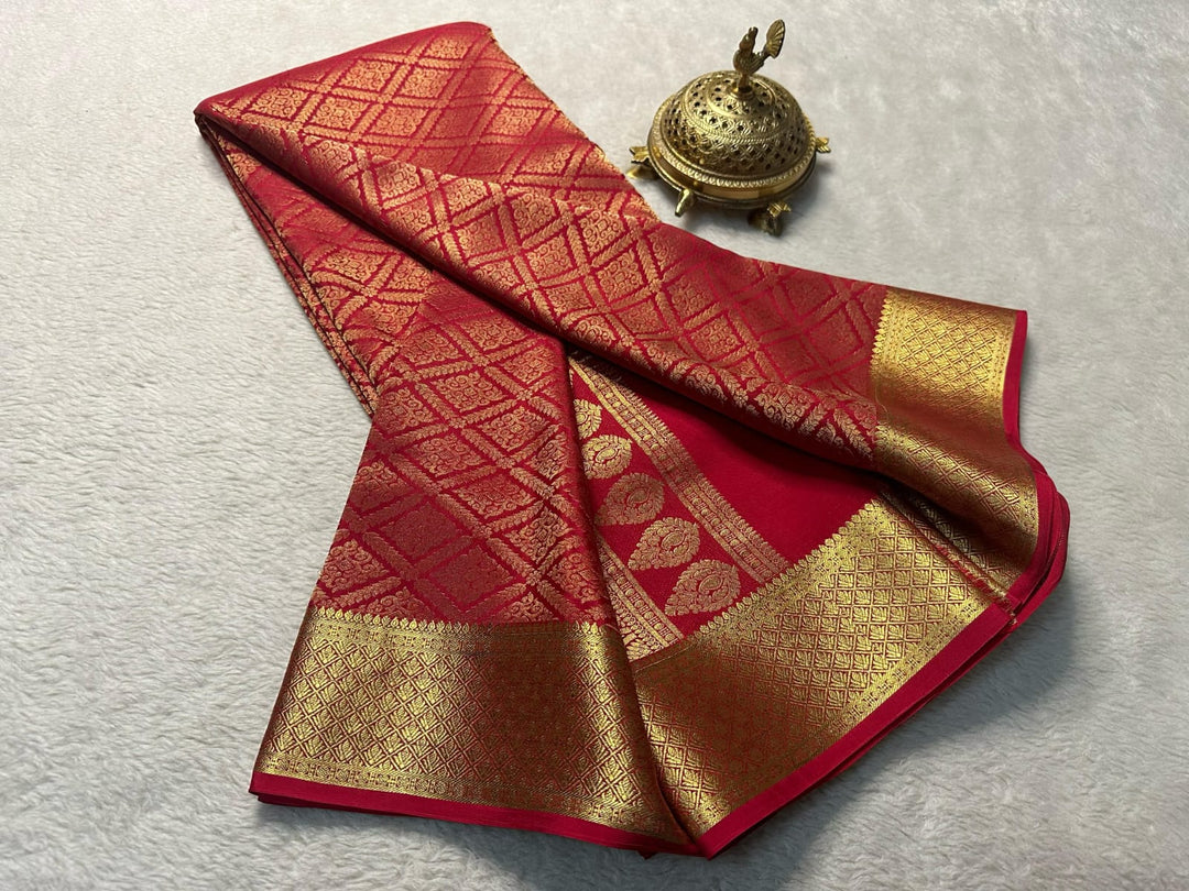 Red Color Mysore Silk Sarees WIth Price and Best Weddings Choise . This fabric Red Mysore Silk Sarees With Online Shopping Price Under 1500 . this Fabric Very Smooth and heavy Premium Rich Border and Fully Zari Weaving Work. this Fabric Mainly Manufacturing In Karnataka, India . Traditional Look Saree 2024-25-26 .