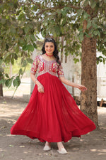 Load image into Gallery viewer, Pure Red Faux Blooming Gown With Price and Online Shopping Price Under 1500 . Grace your events with this stunning Faux Blooming Gown. Highlighting intricate zari-sequins embroidery, a square neck, and a 3.5-meter flair, it offers unmatched style and comfort .