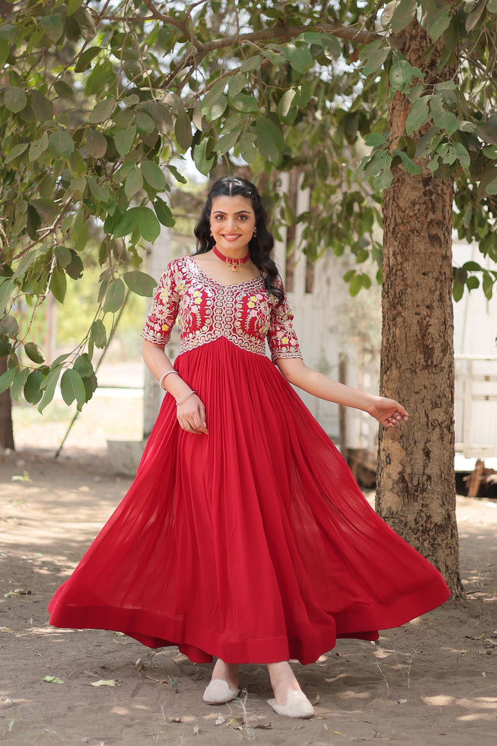 Pure Red Faux Blooming Gown With Price and Online Shopping Price Under 1500 . Grace your events with this stunning Faux Blooming Gown. Highlighting intricate zari-sequins embroidery, a square neck, and a 3.5-meter flair, it offers unmatched style and comfort .