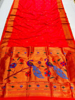 Load image into Gallery viewer, pure red pure soft silk sarees price with online shopping under 2000 . this fabric pure soft silk smooth and Gold zari weaving work . this gold zari weaving border Peacock design this designs most unique and authentic .