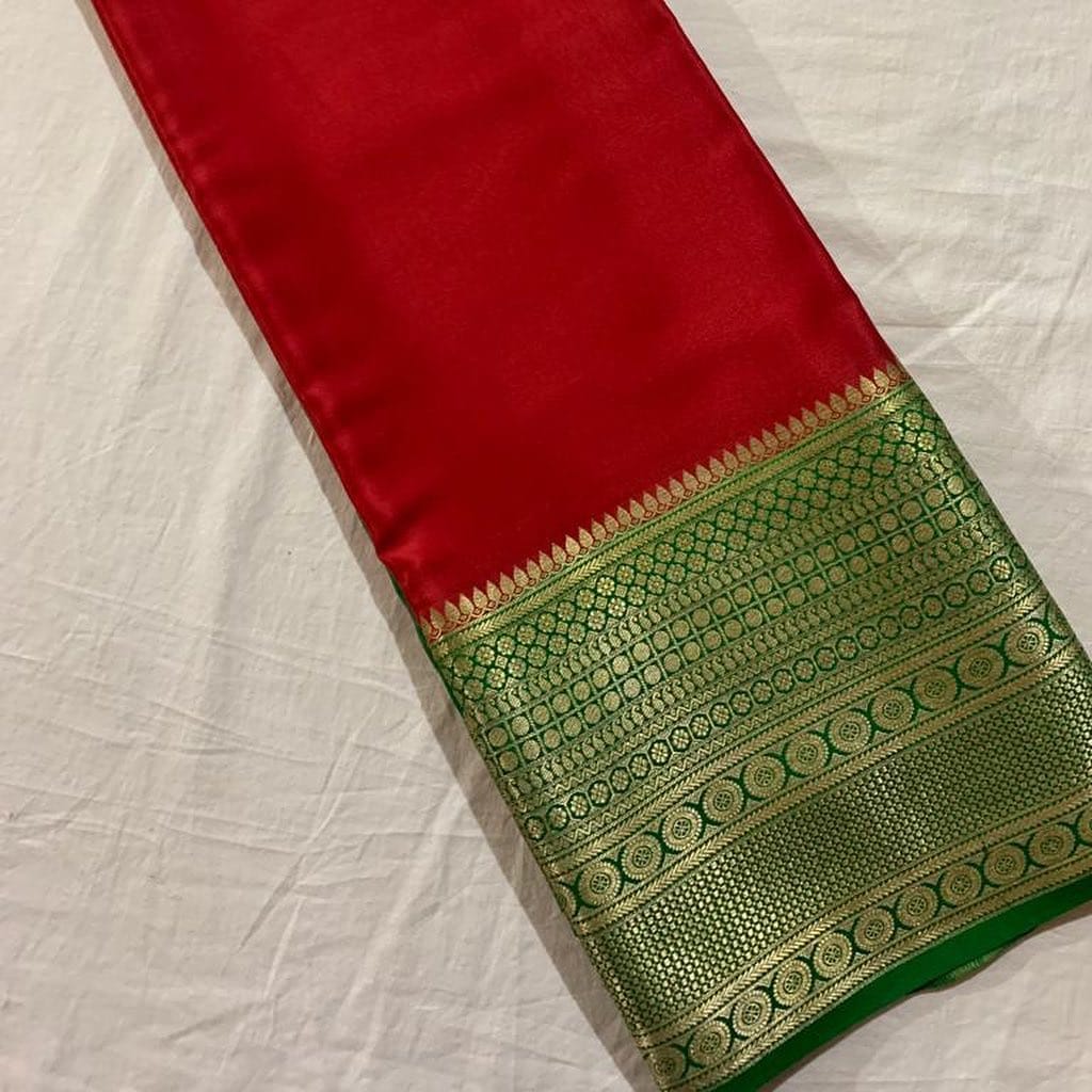 Pure Red Semi-Mysore Silk Saree Online Shopping Price Under 1000 . This Semi-Mysore Sil Saree Green Pall\u Rich and Good Quality Fabric and Low Price Under 1000 . Traditional Look For 2024-25 .