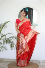 Load image into Gallery viewer, Pure Red Soft Paithani Silk Sarees With Price and Online shopping Price Under 2000 . this Fabric Soft Pethani Silk Saree For Weddings and Rich Pallu . This Saree MOst Unique Design and Traditional Look For this Saree 2025 .