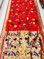 Load image into Gallery viewer, Pure Red Soft Silk Saree Price and Online Shopping Price with 3000 . this Fabrice smooth softness saree this saree gold zari weaving saree most athletic zari weaving saree .