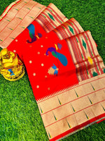 Load image into Gallery viewer, Design Details Red saree Solid saree with Zari Weaving border The saree comes with an unstitched blouse piece The blouse worn by the model might be for modelling ..