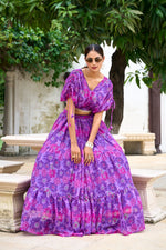 Load image into Gallery viewer, Purple Color Chiffon Dhavani Set, Langa Voni , Davani Set , Half-Sarees With Price and Online Best Shopping Price Under 2000 . this Fabric Purple Color Chiffon Dhavani For Weddings Wear Collection and This Blouses stitched and Floral Printed. This Fabric Chiffon Color Langa Davani Set Rich Printed Work . Traditional dhavani Set Woman Look 2025 , 2024 , 2026 .