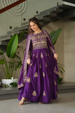 Load image into Gallery viewer, Purple Color Chinnon With Sequins-Multi & Beads Embroidered Work Anarkali Best Heavy Embroidery Work Gown With Dupatta , Elegant purple chinnon gown with multi-sequins embroidery , Designer purple gown with full sleeves and rich dupatta , Stylish purple embroidered gown for parties and receptions , Premium purple gown with fancy neck and festive flair .