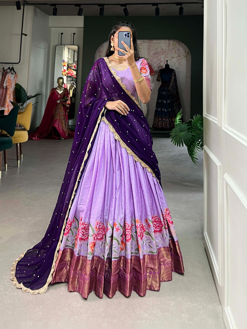Cotton Silk Lehenga Set with Embroidery & Georgette Dupatta - Thread & Sequins Work