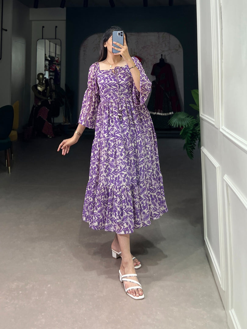 Purple Color Georgette Print Dress With Price and Online Shopping Price Under 1500. this fabric Purple Printed Design Model Woman Traditional look Use 2025-26 . This Fabric Purple Georgette Printed Work Fully Micro Cotton (full upto bottom) This Dress . This Dress Sleeve length 20 Inc.