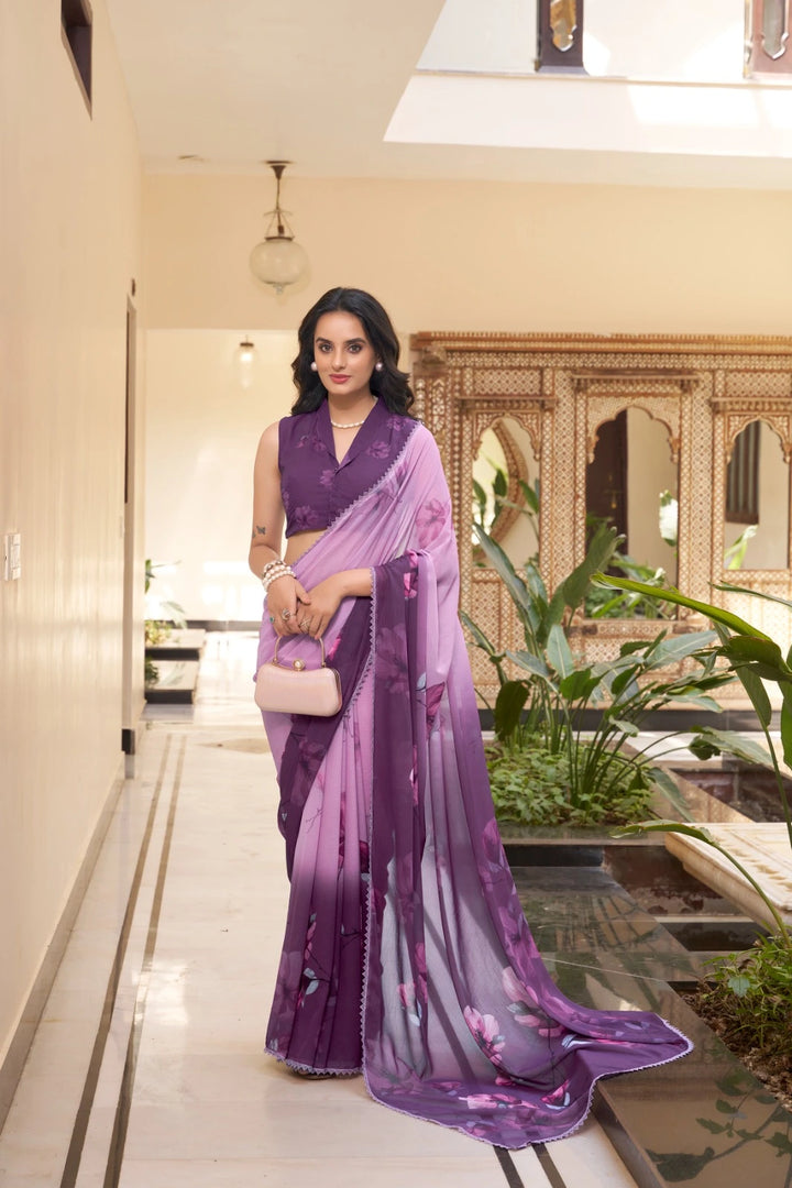 Purple floral marble saree with lace details , Lightweight purple saree for elegant looks , Printed purple saree with Party Wear , Purple saree for festive wear and functions , Soft and weightless purple print saree , Designer purple saree with floral Print , Stylish purple saree with contrast border , Everyday wear purple saree in marble fabric , 
Purple saree for casual ethnic .