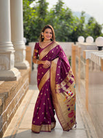 Load image into Gallery viewer, Purple Pure Soft Paithani Silk Sarees With Price and Online Shopping Price Under 2000 . this Fabric  Soft Paithani Silk Saree and Heavy Fully Zari Weaving Work and beautiful contrast weaving border with allover beautiful weaving and rich weaved pallu
Teamed with contrast blouse , Traditional Look For 2024-25 , 2025-26 .