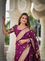 Load image into Gallery viewer, Purple Color Soft Paithani Silk Sarees With Price and Online Shopping Price Under 2000 . This Fabric Purple Saree and Purple Color Blouse Authentic Look This Design and Zari Weaving Work Tiki and Rich Border Zari Weaving Work . Traditional Look For 2024-25 , 2025-26 .