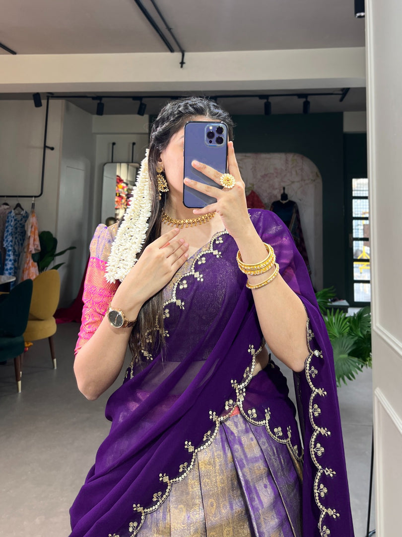 purple color kanjivaram half-saree davani set and dhavani set shop now shoppers trend - Stitched Kanjivaram lehenga with zari work, fits 42" waist. Includes matching Kanjivaram blouse fabric and sequined georgette dupatta .