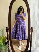 Load image into Gallery viewer, Purple Soft Cotton Dress With Price and Best For Online Shopping Price Under 1000 . Discover elegance with this Soft Cotton Ikkat Print Dress. Featuring breathable, lightweight fabric, a 48-inch length, and a 3-meter flare, this feeding-friendly dress blends style and comfort effortlessly.