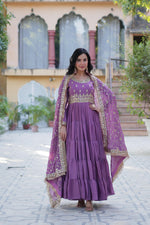 Load image into Gallery viewer, Purple Star Georgette Anarkali Price and Online Shopping Price Under 2000 . Elegant Star Georgette Gown with 5-Layer Frill Stitching & Full Cotton Lining. Comes with a Richly Embroidered Sequins Work Dupatta. Available in M, L, XL, XXL. Perfect for Weddings & Special Occasions. Shop Now!