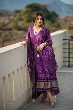 Load image into Gallery viewer, Purple Color Pure Gaji Silk Print Dress With Price and Online Shopping Price Under 2500. this fabric Purple Printed Design Model Woman Traditional look Use 2025-26 . This Fabric Purple Pure Gaji Silk Printed Work Fully Micro Cotton (full upto bottom) This Dress .