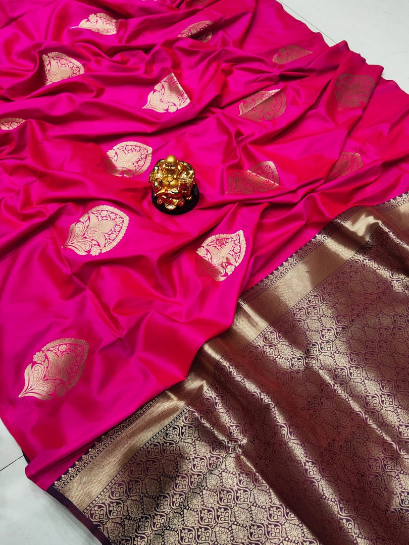 Rani Color Soft Lichi Silk Sarees With Fully Border Zari Weaving Work Price and Online Shopping Price Under 1500 . this Fabric Rani Color Saree Pure Wedding Wear Collection and Soft Lichi Silk Saree Rich And Premium Saree Collcetion .