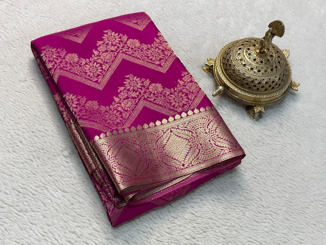 Rani Pink Mysore Silk Saree With Price and Online Shopping best Wedding Wear price Under 1500 . this Fabric Pure Brocade Mysore Silk Sarees. Featuring Gold Zari Weaving Fully Sarees , blouse, and an, it's perfect for weddings and festive celebrations... Traditional Look For 2024-25 , 2025-26 .