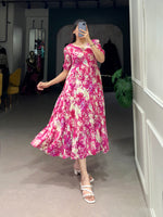 Load image into Gallery viewer, Rani Color Rayon Dress , Printed With Foil Work Dress Print and Online Shopping Price Under 1000 . this Fabric Elegant Printed With Foil Work frock in Rayon fabric. Stitched with 12-inch sleeves, adjustable chest, 3.50-meter flair, and full micro cotton lining .