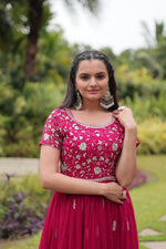Load image into Gallery viewer, Elegant Rani Faux Blooming gown with Zari Sequins embroidery. Features a 55-inch length, 3.5-meter flair, full cotton lining, short sleeves, and round neck design.