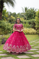 Load image into Gallery viewer, Rani Faux Blooming Gowns With Price and Online Shopping Price Under 1500  . This Gown Rani Faux Blooming With Embroidery Zari Sequins-work and Fully Cotton Lining , Short Sleeves and Round Necks , Traditional Look For 2024-25 , 2025-26 .