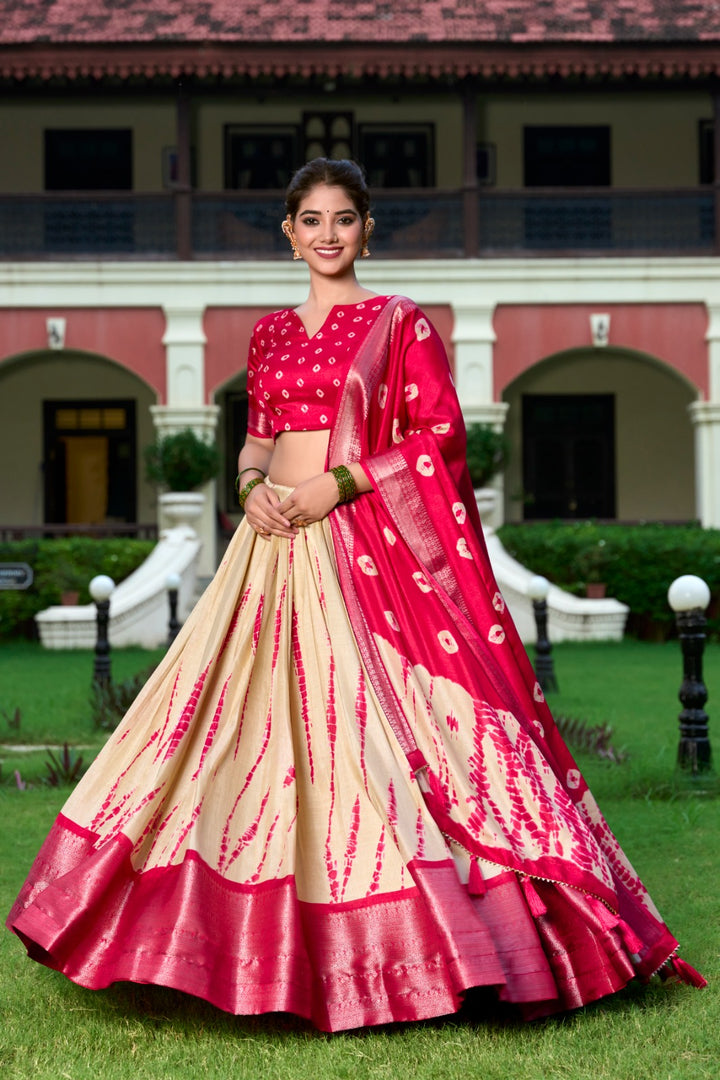 Wedding special Rani Pink Lehenga with handcrafted finish , Buy Rani Pink silk lehenga with zari weaving border online , Gorgeous Rani Pink ethnic lehenga with dupatta set , Rani Pink bridal lehenga in soft Dola Silk .