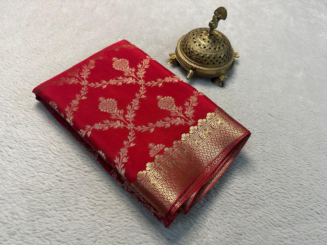 Red Color Flower Zari Weaving Work Mysore Silk Sarees Price and Online Shopping Price Under 1500 , Shop exquisite Kanchipuram and Kanjivaram silk sarees, crafted with rich zari borders, vibrant hues, and intricate designs. Perfect for bridal wear and festive celebrations. Traditional Model Look 2024-25.